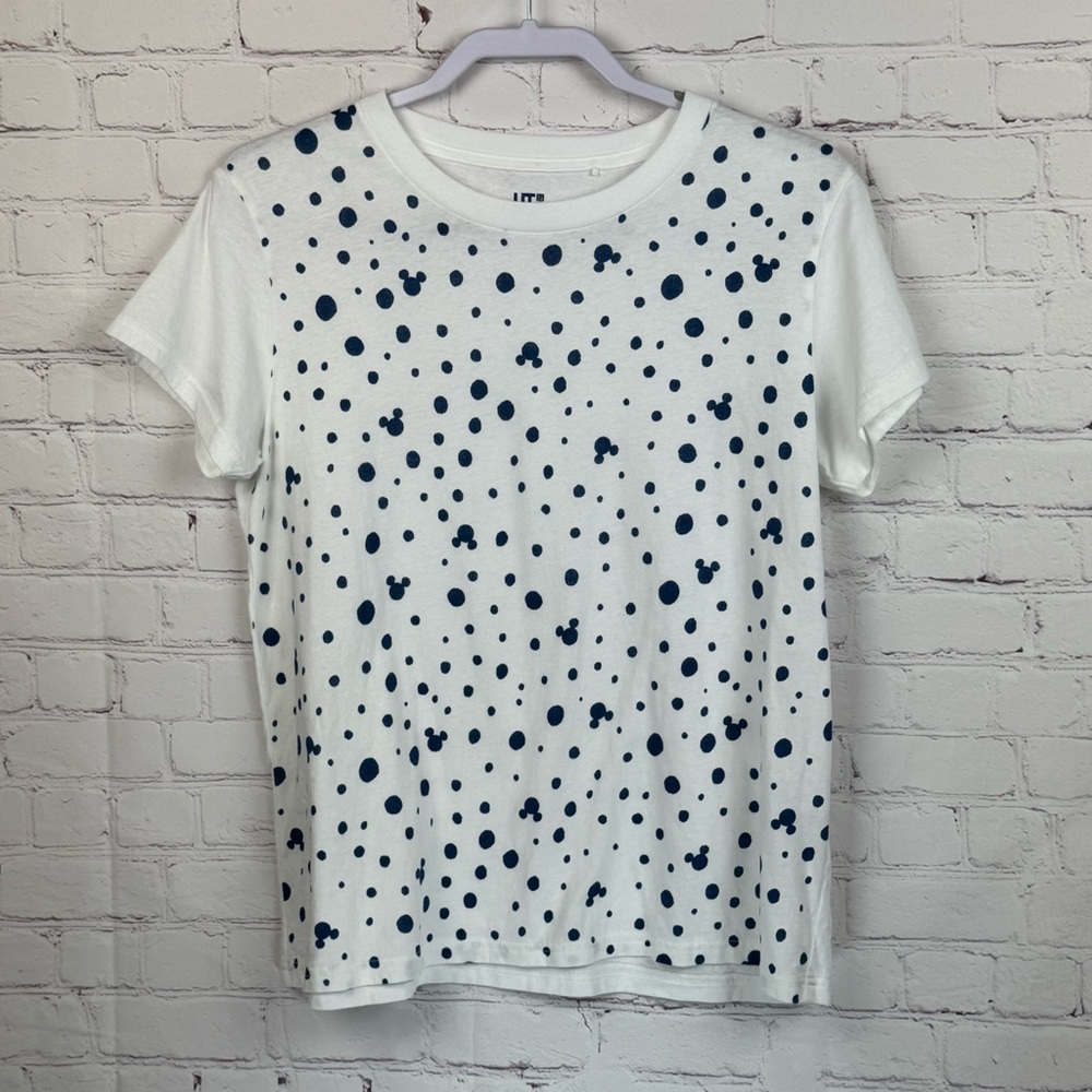 Uniqlo x Disney White Tee with Blue Polka Dots & Mickey Ears Large